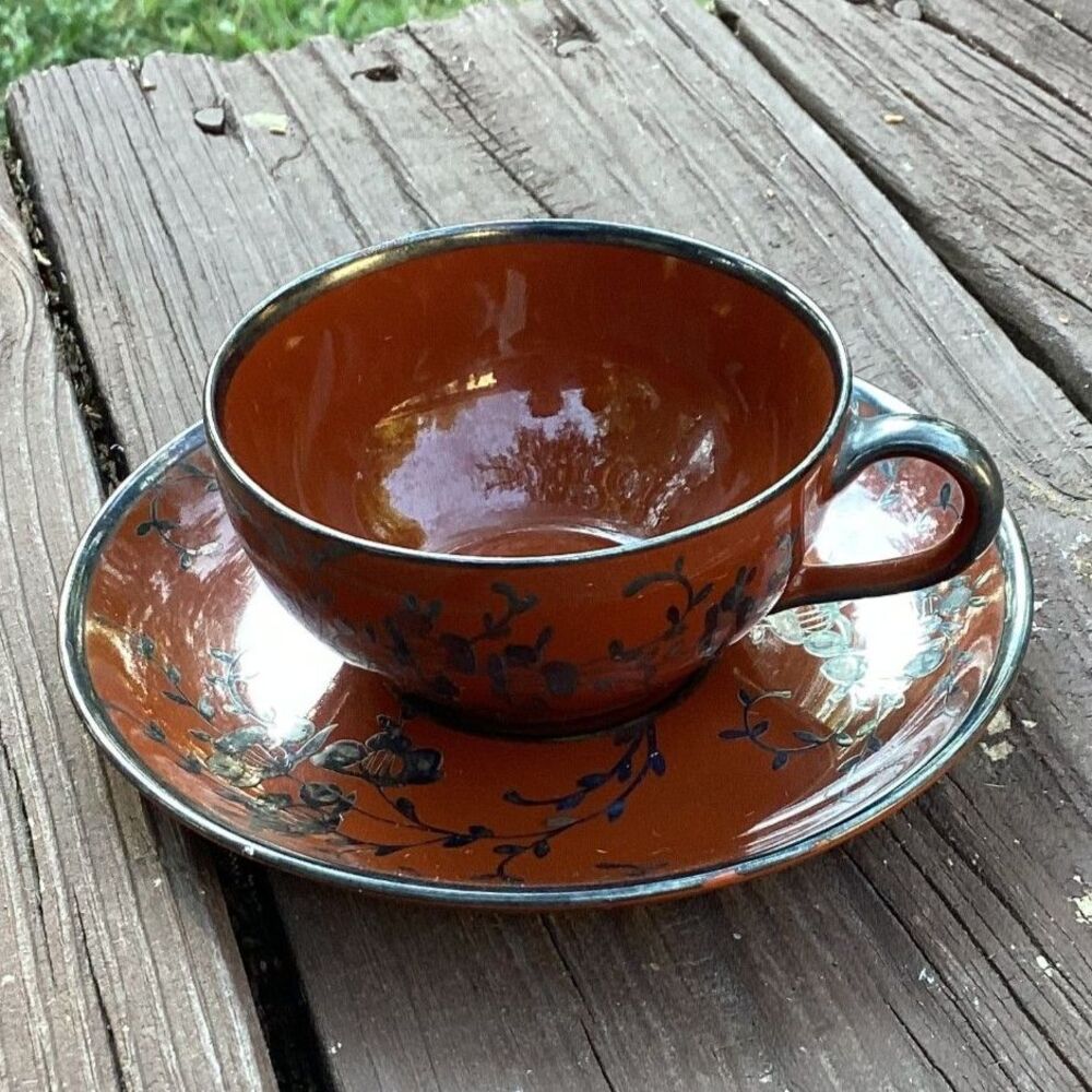Richard Ginori Italian Porcelain Tea Cup & Saucer Hand Painted Brown Floral‎